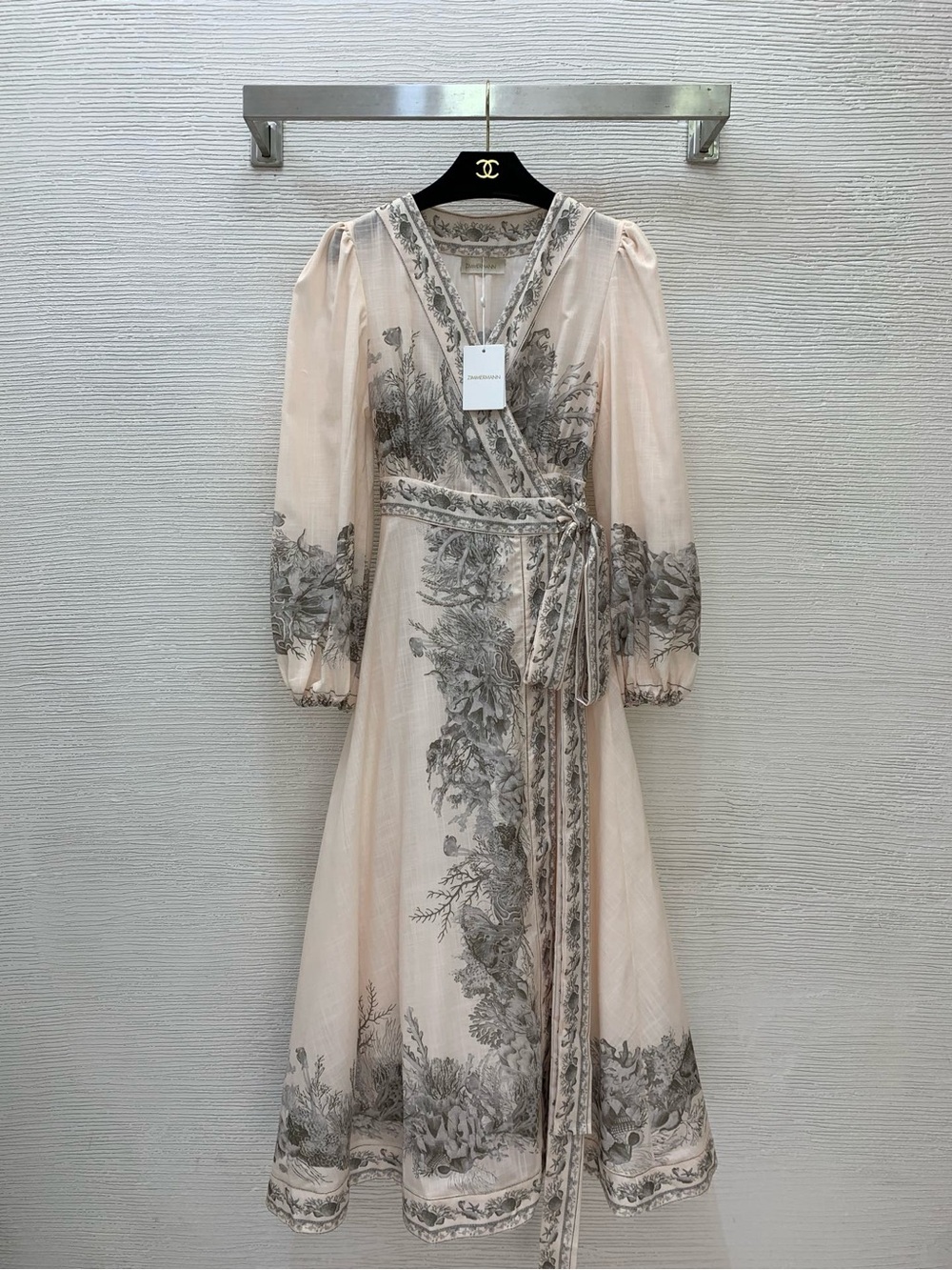 Zimmermann Blush and Gray Botanical Wrap Midi Dress
